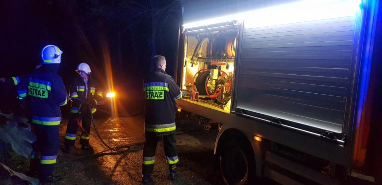 Pożar lasu przy drodze Karwin – Domacyno. W akcji trzy zastępy straży pożarnej.