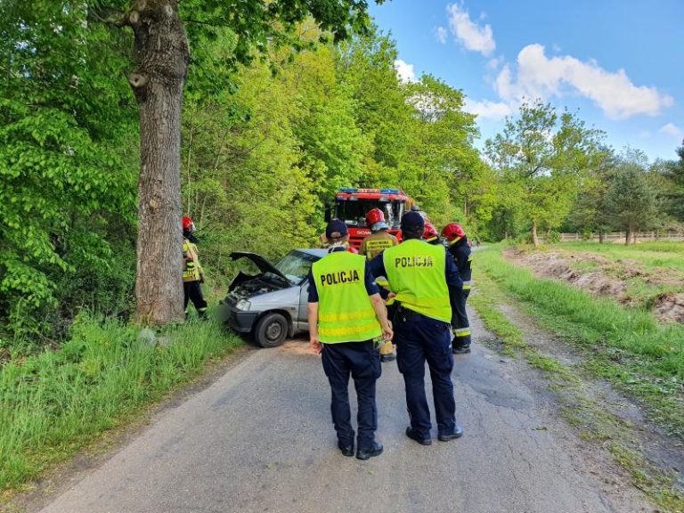 Wypadek pod Białogardem – kierowca Daewoo uderzył w drzewo.