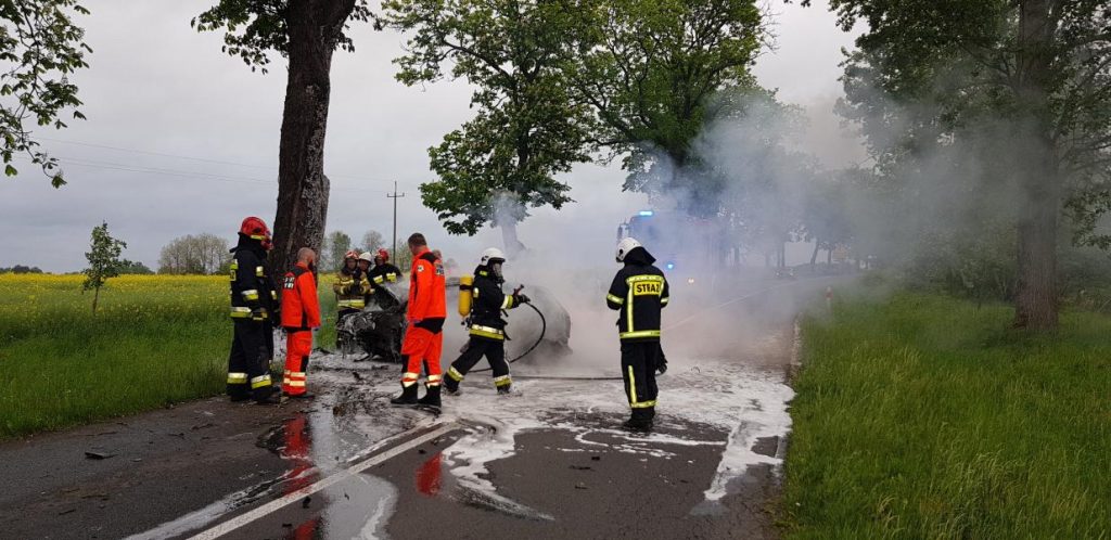 Tragiczny wypadek pod Tychowem! Kierowca spłonął po czołowym uderzeniu w drzewo.
